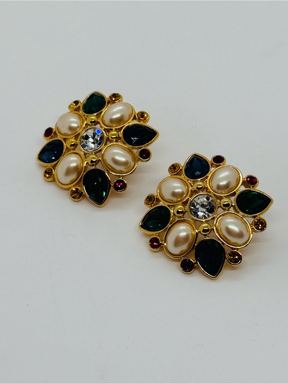 Vintage 1980s Monet Multi-Gem Faux Pearl Statement Post Earrings Rare Style